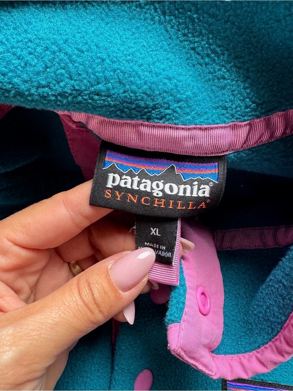 Patagonia Teal, Navy & Pink Synchilla Fleece Pullover - Picture 2 of 2